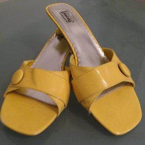 womens size 11 shiny yellow slide with kitten heel 2 inch silver inner lining